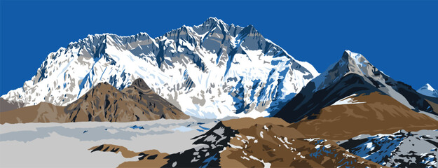 Mount Lhotse south rock face and glacier, vector illustration, Khumbu valley, Everest area, Nepal himalayas mountains - obrazy, fototapety, plakaty