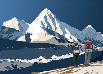 Khumbu glacier, Mount Pumori peak and two hikers on the way to Mt Everest base camp, vector illustration, Khumbu valley, Sagarmatha national park, Nepal Himalayas mountains - obrazy, fototapety, plakaty