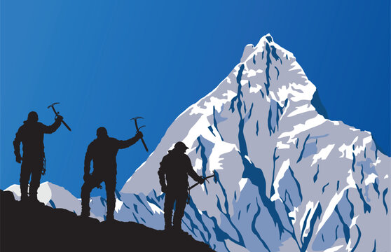 vector illustration of mount Machapuchare or Machhapuchhare and black silhouette of three climbers with ice axe in hand, Annapurna range, Nepal Himalaya mountains
