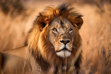 Plakat A stunning portrait of a lion, with piercing eyes and a regal mane. (Generative AI) 