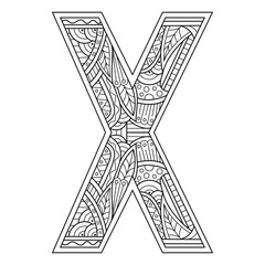 Hand drawn of aphabet letter X in zentangle style