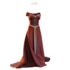 3D Illustration, 3D Rendering, Full length portrait of an isolated medieval fantasy gown with shimmery fabric and a jeweled circlet - obrazy, fototapety, plakaty