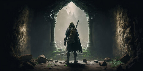 Hero walking out of a cave , Created with generative AI