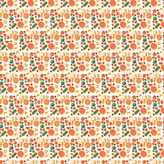 A seamless pattern with oranges and green fruits and leaves.