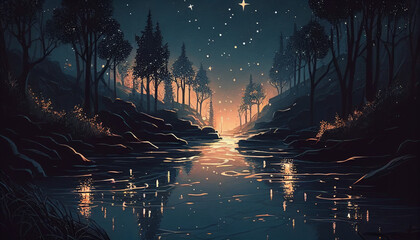 River illustration at night