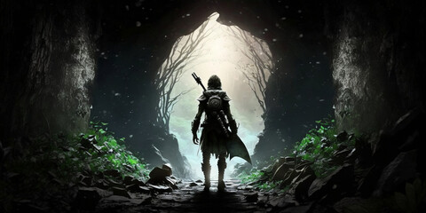 Hero walking out of a cave , Created with generative AI