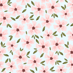Simple floral vector seamless pattern. Delicate sakura flowers on a light blue background. For fabric prints, textiles, clothing. Spring time, flowering.