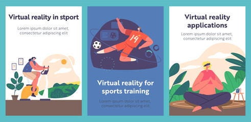 Cartoon Banners With Characters In Vr Headset Immersed In Virtual Reality Sports Training. Future Of Gaming And Fitness