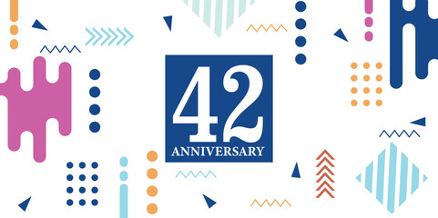 42 years anniversary celebration logotype white numbers font in blue shape with colorful abstract design on white background  vector illustration