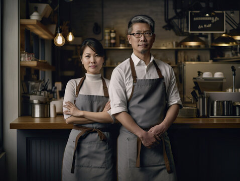Two cafe owner wraparound aprons standing with crossed arms in a coffee shop. Generative AI