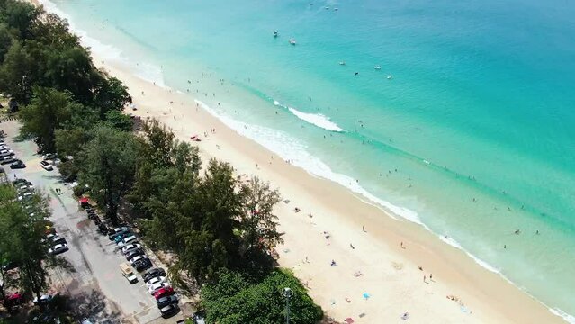 Seychelles Takamaka beach vacation ocean palms drone view aerial photo copyspace
