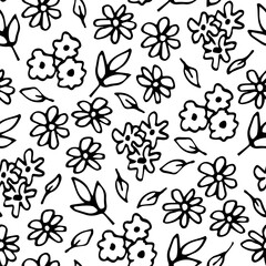 Simple vector floral seamless pattern in rustic style. Small black flowers, twigs, leaves on a white background. For printing on textiles, wrapping paper, clothing, stationery.