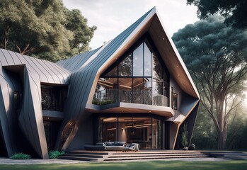  contemporary house in the forest with a uniquely shaped roof made with generative ai