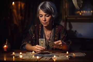 portrait of a female mature psychic with a burning candle reading tarot. Generative AI 