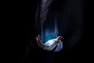 Businessman hand open holding blue light, line. Digital transformation conceptual for next...
