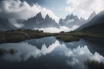 Fototapeta na wymiar A breathtaking landscape of misty mountain ranges. (Generative AI) 