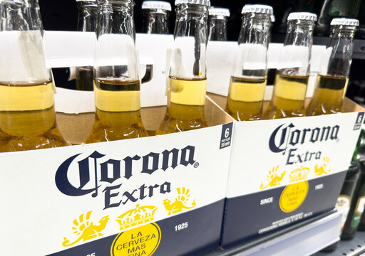 Yerevan, Armenia, March 16, 2023: Corona Extra beer in packs of 6 bottles close-up