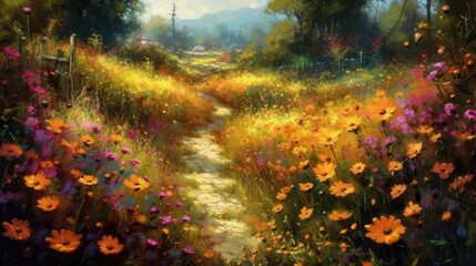 Rural countryside scene in early autumn, slow paced footpath cuts across the landscape past neglected cottages and old farmhouses, cheerful cosmos wild flowers grow abundantly - generative AI 