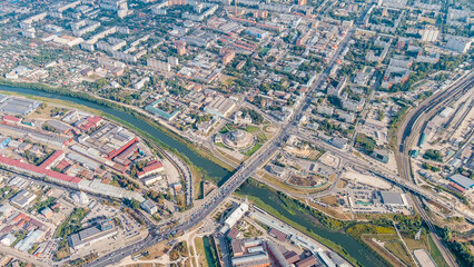 Tula, Russia. Zarechensky bridge. General panorama of the city from the air, Aerial View