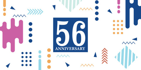 56 years anniversary celebration logotype white numbers font in blue shape with colorful abstract design on white background  vector illustration
