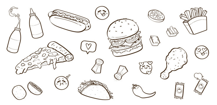 Set de ilustraciones a mano de comida rápida. Vector