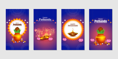 Fototapeta na wymiar Vector illustration of Happy Puthandu Tamil New Year social media story feed set mockup template