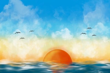 landscape sea sunset background design illustration