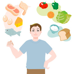 栄養バランスがとれていて健康なガッツポーズの若い男性と彼が考える健康的な食べ物