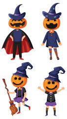 Set of halloween cartoon character wearing spooky costume