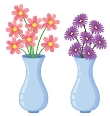 Pink and purple flowers in vases