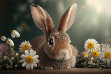 Easter rabbit with daisies generative ai