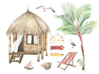 Set with bamboo beach hut, palm, birds seagulls and decoration design elements, watercolor isolated collection for your marine tropical design, poster for travel, summer banner or card. - 582948772