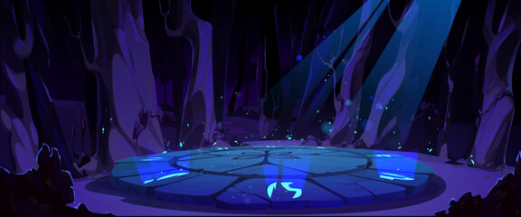 Game background with magic maya altar in jungle. Forest landscape with stone battle arena, trees and moonlight at night. Ancient circle platform with glowing symbols, vector cartoon illustration © klyaksun