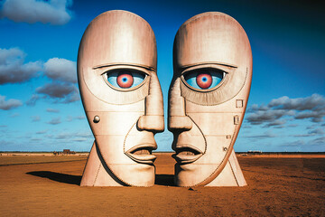 Statues de têtes géante vues de profil dans le désert - Générative iA - obrazy, fototapety, plakaty