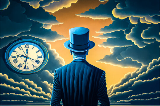 Homme d'affaire vde dos devant un ciel avec des nuages et une horloge, concept du temps qui passe - Générative iA