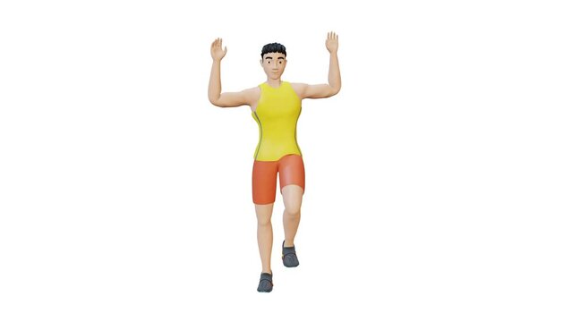 Animated character doing T-Twist Knee Drive-Front View. T-Twist Knee Drive exercise in 3d animation. Perfect for fitness themed productions, healthy, diet, weight loss, video editing. 3d Render