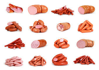 Set of different sausages on white background