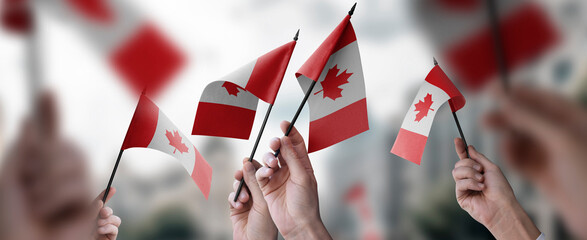 A group of people holding small flags of the Canada in their hands