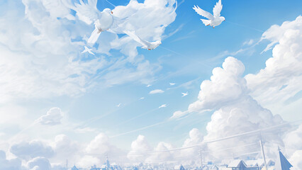 晴天、青空と白い鳩