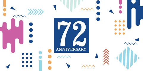 72 years anniversary celebration logotype white numbers font in blue shape with colorful abstract design on white background  vector illustration