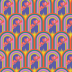 Trippy retro tropical seamless pattern with flower and rainbow. Background for textile print, wallpaper, wrapping paper, stationery.
