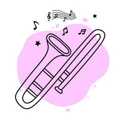 hand drawing of trumpet and musical notes. - obrazy, fototapety, plakaty