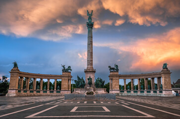 Fototapeta na wymiar Budapest, Hungary - Unique mammatus clouds over Heroes' Square Millennium Monument at Budapest after a heavy thunderstorm on a summer afternoon sunset