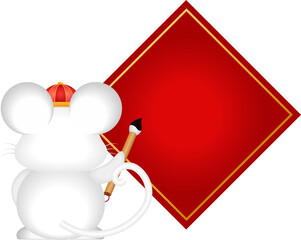 Cute cartoon rat with Chinese brush and spring couplet