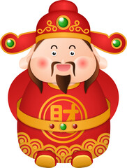 Cute cartoon character God of wealth with Chinese style red hat and costume