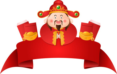 Cute cartoon character God of wealth with blank red ribbon banner and gold ingot red envelope