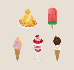 Set of colorful tasty ice cream icons in different flavors, cups and with various toppings.