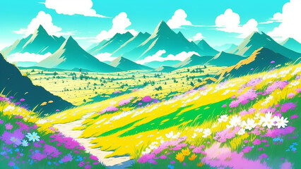 晴天の花畑と山々