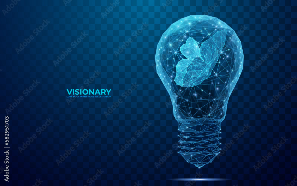 Leinwandbilder abstract butterfly fluttering inside a digital light bulb. visionary concept in blue polygons and li