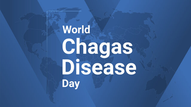 World Chagas Disease Day holiday card. Poster with earth map, blue gradient lines background, white text.